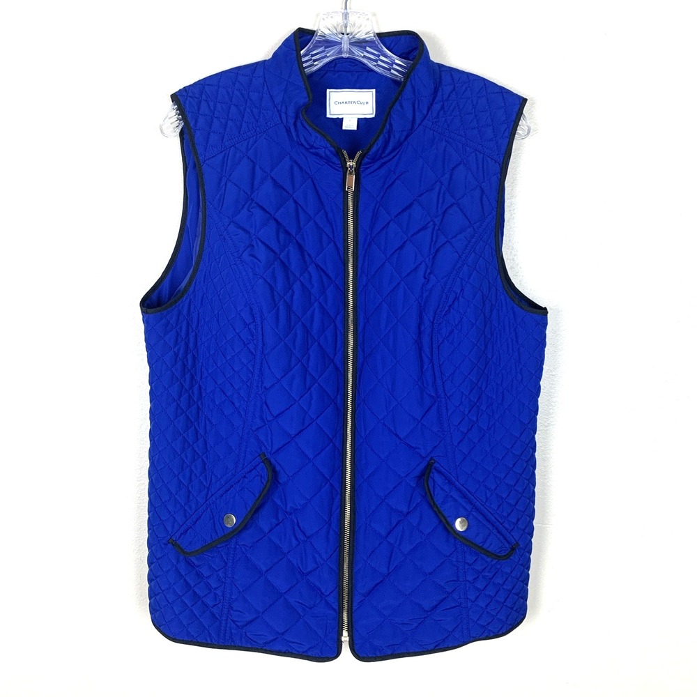 Charter Club Quilted Vest Blue Gold Zip Size L Barn Jacket Fall Quiet Luxury